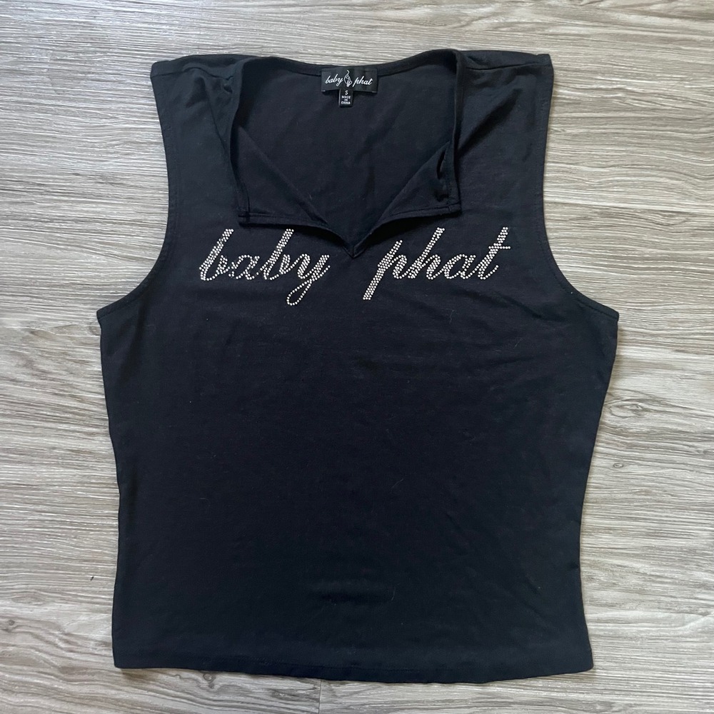 Baby Phat Black Rhinestone Logo Sleeveless Top Split Neck Y2K Small